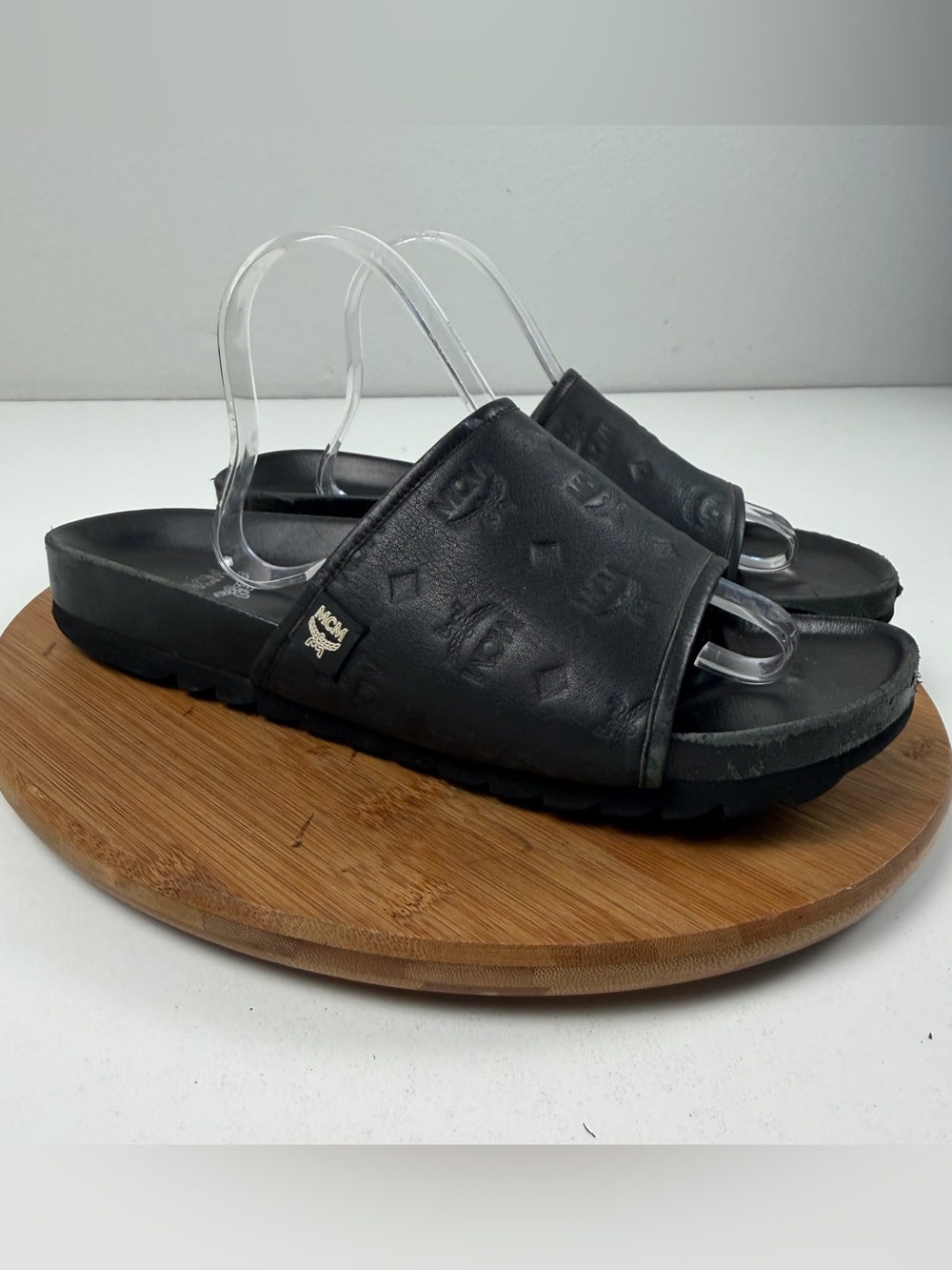 MCM Monogram Embossed Black Leather Slide Sandals